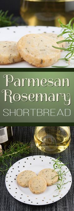 parmesan rosemary shortbreads on a white plate next to a bottle of wine