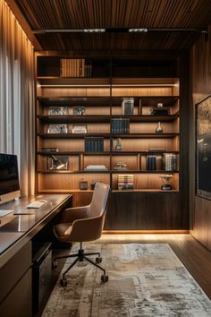 A modern home office with a wooden desk, brown leather chair, built-in bookshelves, and soft ambient lighting. Small Study Room Ideas Cozy Library, Small Study Room Design, Productive Workspace, India House, Cozy Library, Dorm Room Hacks, Warm Color Schemes, Study Room Design