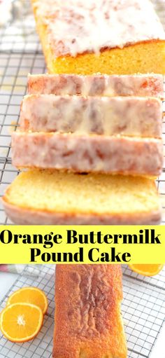 orange buttermilk pound cake on a cooling rack with the words orange buttermilk pound cake