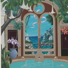 a painting of a fountain with flowers in the foreground and an open window on the other side