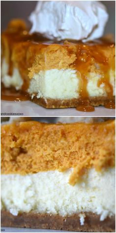 two pictures of cheesecake with caramel sauce and whipped cream on top, one is cut in half