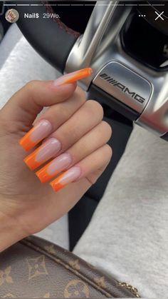 Orange French Tip Square, Orange French Nails, Orange French Tip Nails, Orange French Tip, French Orange, Orange Acrylic Nails, Cute Acrylic Nail Designs