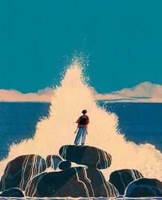 a painting of a person standing on rocks in the ocean