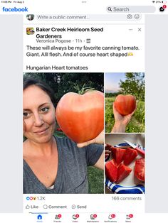 a woman holding up a piece of watermelon in front of her facebook page