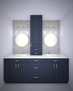 two sinks and mirrors in a bathroom with dark blue cabinets, gold trimmings