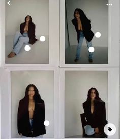 four photos of women in jeans and jackets sitting on the floor with their legs crossed