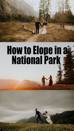 two people holding hands while standing on top of a grass covered hill with the words how to elope in a national park