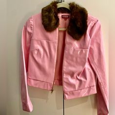 Pink Shiny Jacket, Like New, Worn Once. So Cute! Rare Find, Faux Fur Collar Pink Motorcycle, Pink Punk, Shiny Jacket, Bomber Jackets, Faux Fur Collar, Fur Collar, Motorcycle Jacket, So Cute, Faux Fur