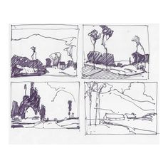 four different views of trees and mountains in the same drawing, one is black and white