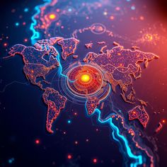 an abstract world map with glowing lights around it