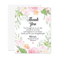 a thank card with pink roses and greenery on the front, in watercolor