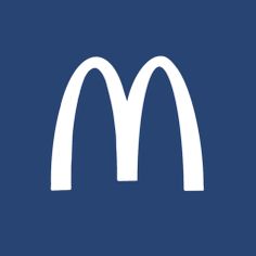 the logo for mcdonald's is shown in white on a dark blue square background