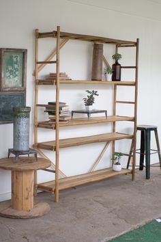 a wooden shelf with books and plants on it