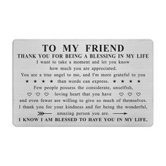 a metal plaque that says, to my friend thank you for being a blessing in my life