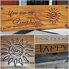 wooden signs with the words you are my sunshine and happy written in black ink on them