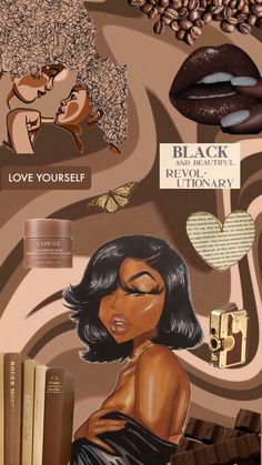 an image of a woman surrounded by chocolates and coffee beans, with the words love yourself on it