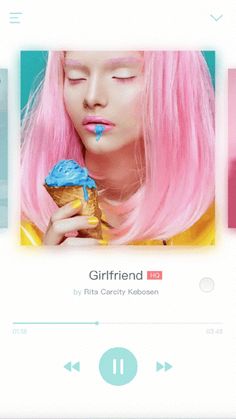 a girl with pink hair eating an ice cream cone and looking at her phone screen