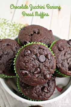 chocolate zucchini banana bread muffins in a white bowl on a table