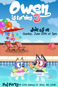 an image of a birthday party with two cartoon characters on the front and back of it