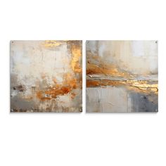 two abstract paintings with gold and silver colors