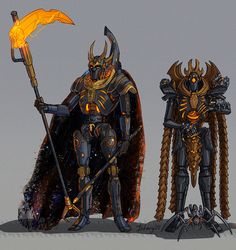 an image of two knights standing next to each other with torches in their hands and armor on