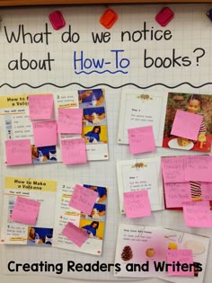 a bulletin board with post it notes and writing about how - to - books are written