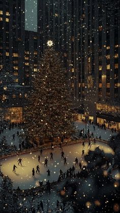 a large christmas tree surrounded by people skating on an ice rink in the city at night