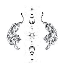 two tigers are standing next to each other in the shape of stars and crescents