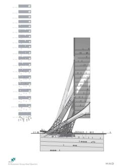 an architectural drawing of the top part of a tall building with many vertical lines on it