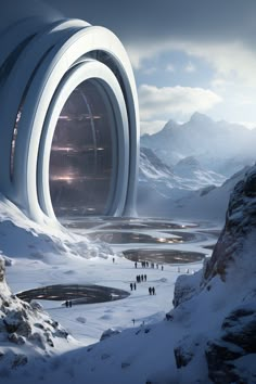 a futuristic building surrounded by snow and mountains with people walking in the foreground looking at it