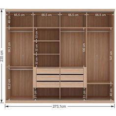 the measurements for an open closet with drawers and shelves on each side, including two doors