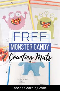 free monster candy counting mats with text overlay that reads, free monster candy counting mats