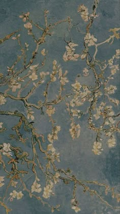 an artistic painting with white flowers on a blue background