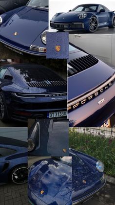 there are many different pictures of cars in this collage, one is blue and the other is black