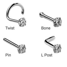 three different types of nose piercings with the words twist, twit, and pin