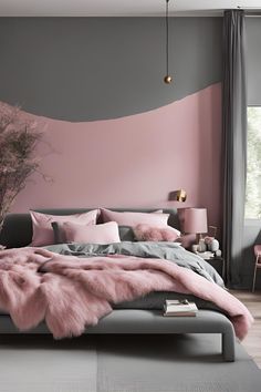 a bedroom with pink and grey walls, fur rugs on the floor and bed