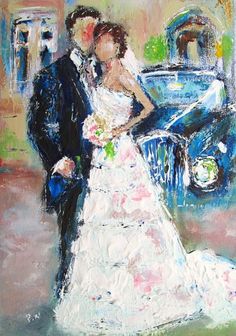 a painting of a bride and groom in front of an old car