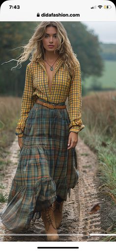 New Bohemian Style, Whimsical Outfits For Women, Beth Dutton Style Outfits, Farm Chic Outfit, Elegant Western Outfits, Grandma Core Outfit, Fashion Billboard, 80s Grandma, Long Sleeve Plaid Dress