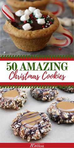 the cover of 50 amazing christmas cookies, with candy and marshmallows on top