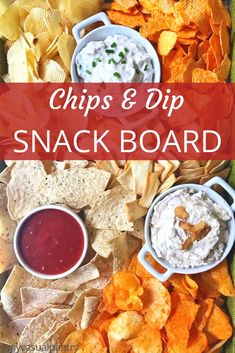 chips and dip snack board with text overlay