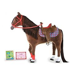 a toy horse with its bridle tied up to it's head and reins