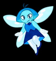 a drawing of a blue fairy sitting on top of a black surface with her legs spread out