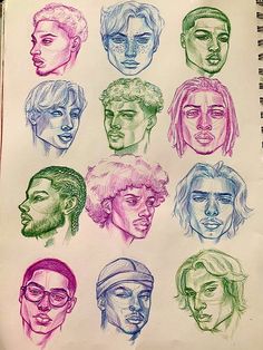 a bunch of different types of people's faces drawn in colored pencil on paper