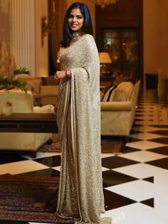 Buy Sabyasachi Cream Sequins Party Saree Online at EthnicPlus for ₹3449 Isha Ambani, Sabyasachi Sarees, Sarees For Girls, Indian Sari Dress, Anamika Khanna, Fancy Sarees Party Wear, Party Sarees, Indian Salwar Kameez, Sari Dress