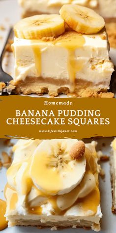 homemade banana pudding cheesecake squares with bananas on top