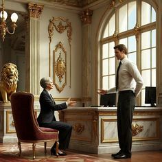 a man in a suit and tie standing next to a woman sitting at a desk