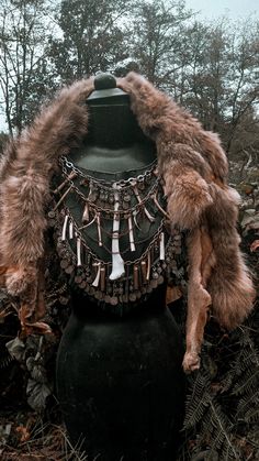 Created with salvaged bones, leather, vintage chains and charms. #bonejewelry #post-apocalyptic #goth #darkstyle #feralaesthetic #wildwoman #bonenecklace Post Apocalyptic Viking, Renfaire Outfit Goth, Bone Clothing, Bone Witch, Barbarian Aesthetic, Apocalyptic Clothing, Viking Costume, Fair Outfits, Viking Clothing