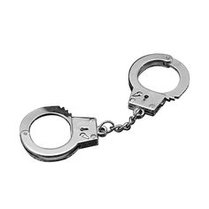 a pair of metal handcuffs on a white background