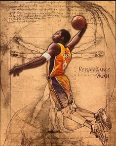 a drawing of a basketball player about to dunk the ball in front of him