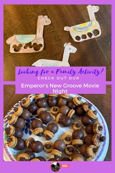 an image of some food that is on a plate and in the middle with words reading, looking for family activity? check out our emperor's new grove movie night